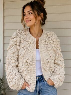 Chicwish Cream Chunky Knit Pom Pom Oversized Cardigan Medium NWT